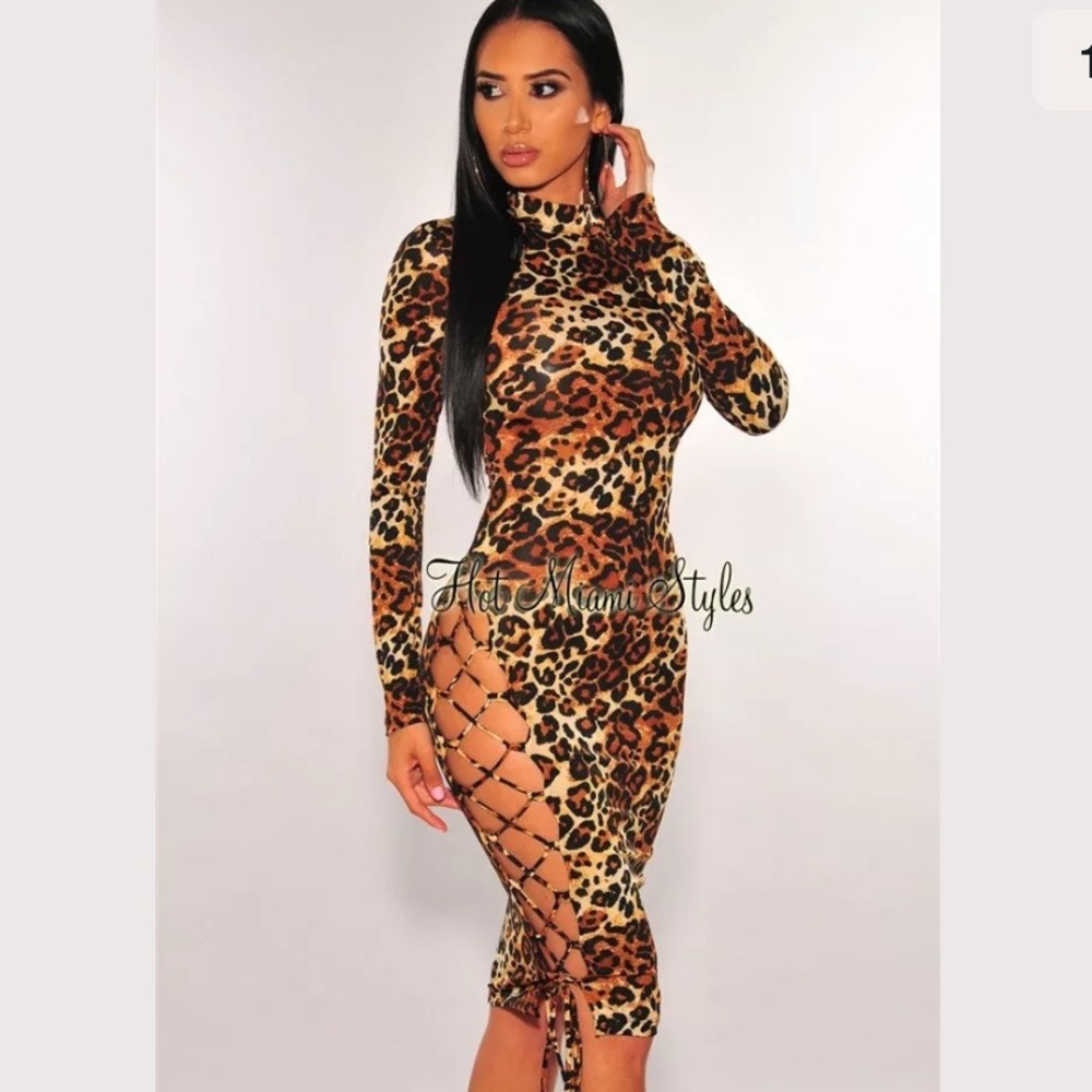 Leopard Slit Lace Up Midi Dress S